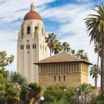 Stanford's Hoover Tower surrounded by palm trees on a partly sunny day